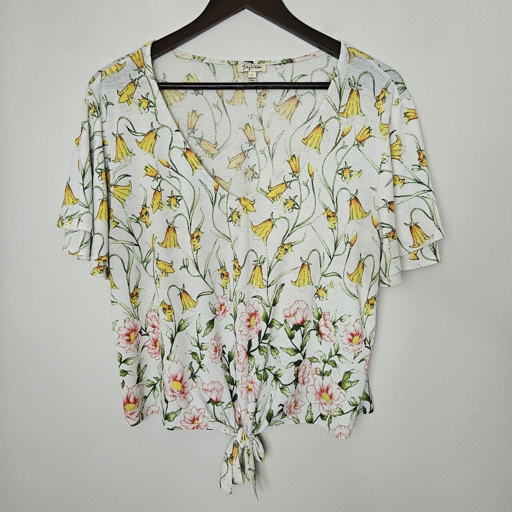 Lily White Blouse Floral Print Top Yellow Pink Green V-Neck Tie Front Casual - Picture 8 of 8
